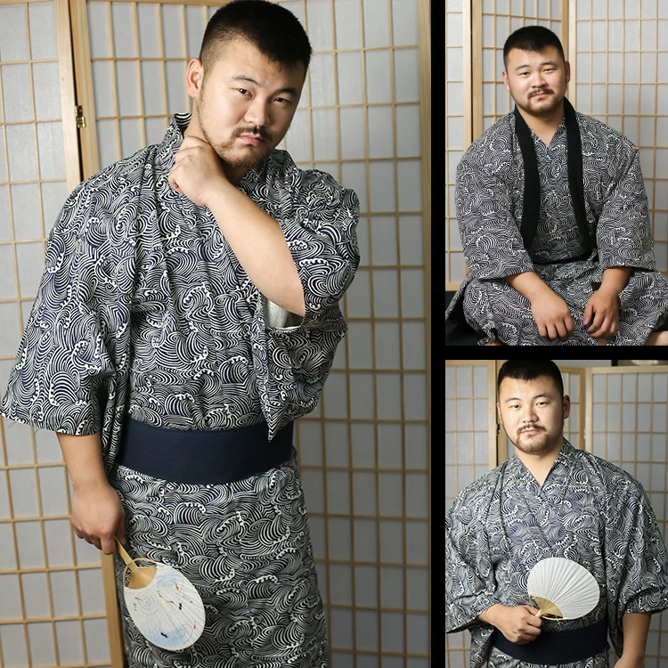 Japanese Traditional kimono With Obi Men Haori Pajamas Yukata Cotton Retro Samurai Style Long Sleepwear Cardigan Bathrobe