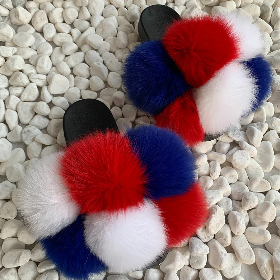 Hot Pom Pom Fur Slippers Women Fluffy Sliders Furry Sandals Real Rabbit Fur Slippers Fox Fur Slides Multicolor Customize