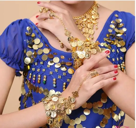 4pcs/set Indian Dance Dance Performance Exquisite Accessories Belly Dance Gold Coin Necklace Earrings Ring Bracelet