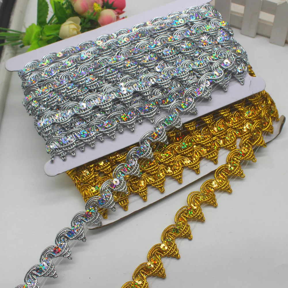 Gold Lace Appliques 9 Yds/Lot Sewing Apparel Trims Sequined Embroidery Ribbons Costumes Accessories 2.3CM