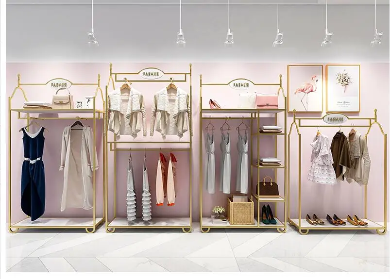 Clothing store display rack floor-standing gold double layer women's clothing store dedicated clothes rack