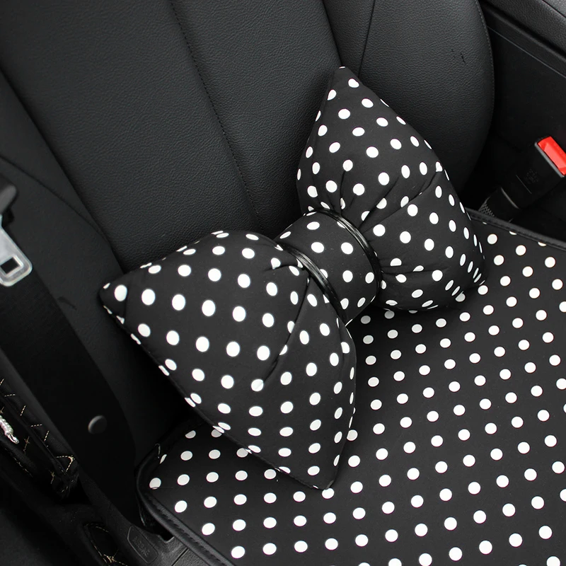 Classic Polka Dot Car Neck Support Pillow Universal Cotton Bow Seat Back Support Headrest Waist Pillow Car Interior Accessories