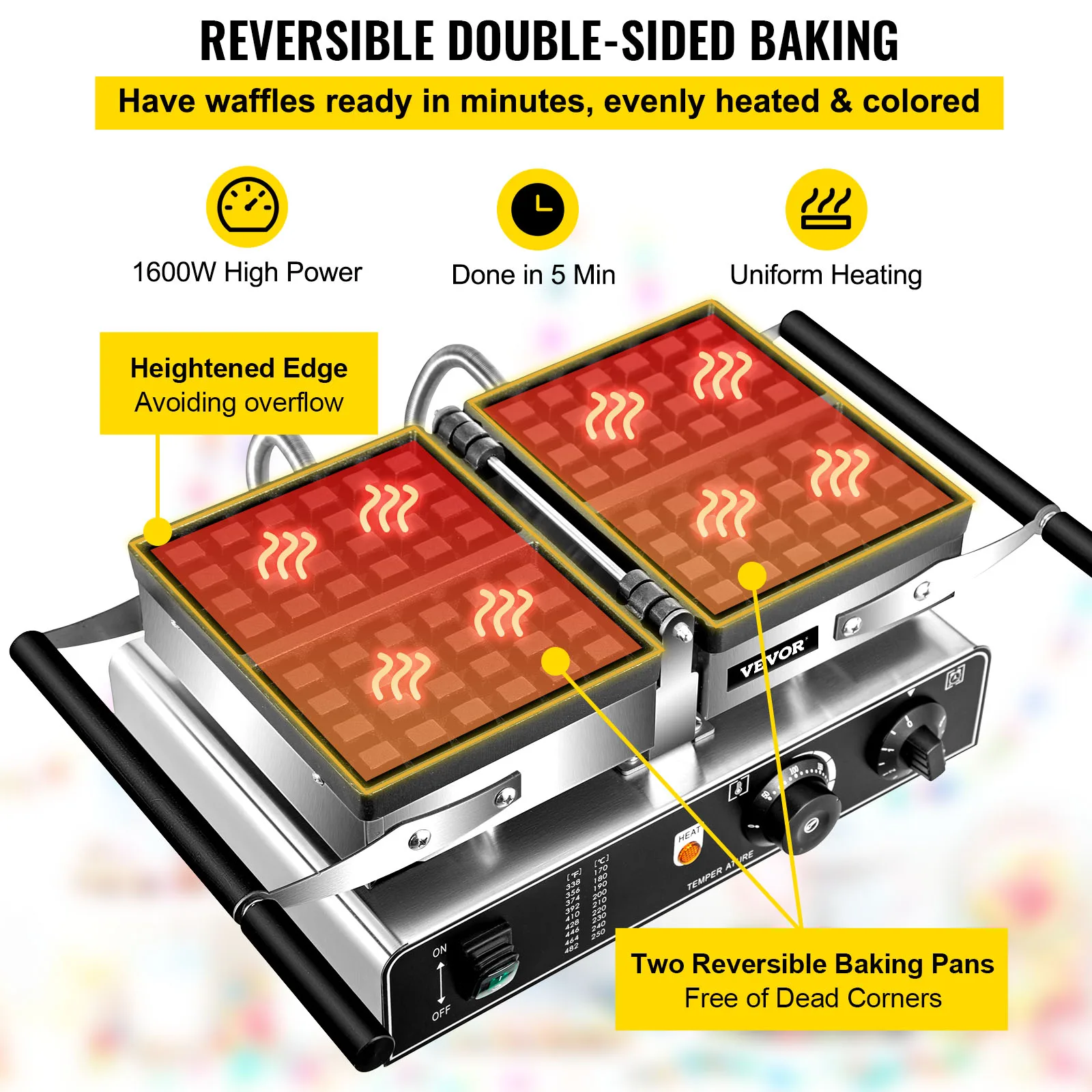 VEVOR-직사각형 전기 와플 메이커, 계란 와플 메이커, 가역 팬, 고프레라 토스터, 주방 가전