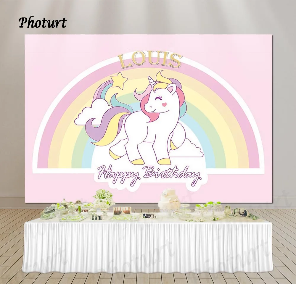 PHOTURT Unicorn Party Backdrop Girls Birthday Photography Banner Pink Rainbow Cloud Custom Photo Background Decorate Props