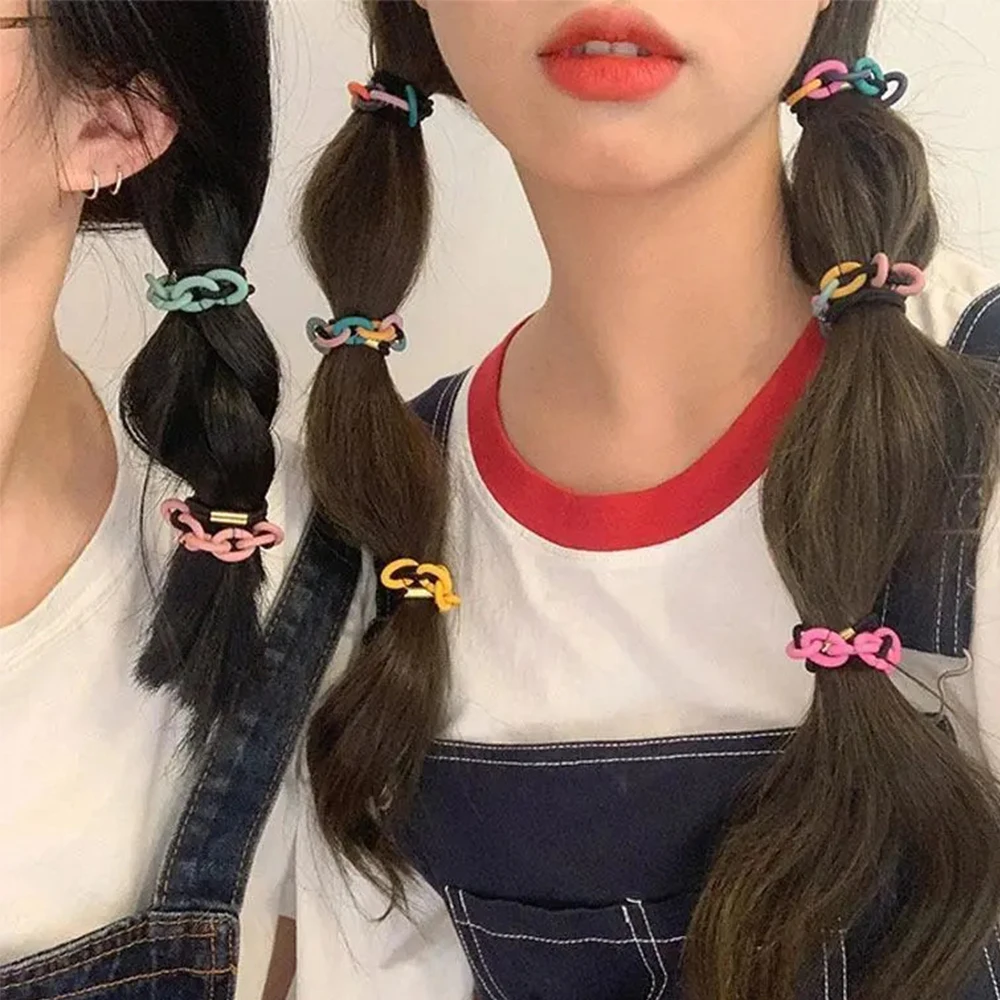 2Pcs Women Elastic Scrunchies Hair Band Rubber Rope Vintage Hairbands Chain Ponytail Acrylic Girls Hair Accessories Headwear