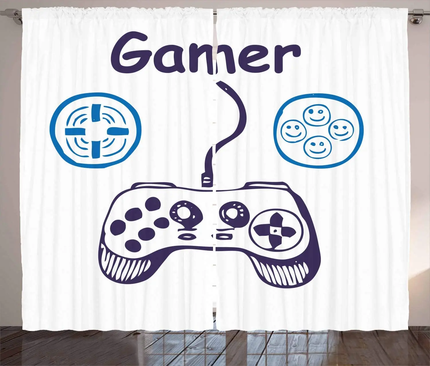 Gamer Curtains Sketch of Videogame Controller D-Pad and Smiling Buttons Design Living Room Bedroom Window Drapes Azure Blue