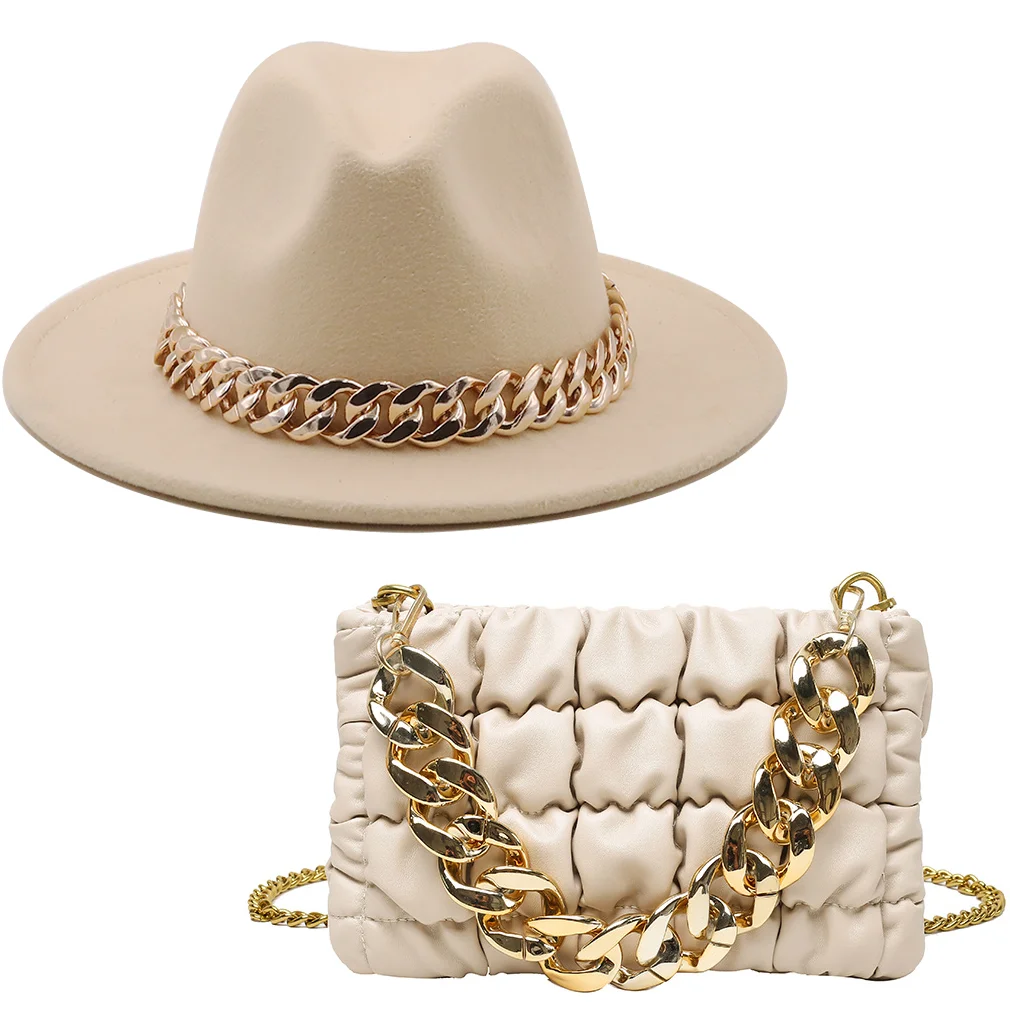 New luxury Girl Wool Chain Fedora Hat Oversized Chain Accessory Bag Hat For Women flat top Hat Latest Two-piece Set шапка