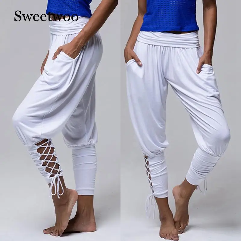 2019 Yoga Pilates Pants Women Soft Solid Lace Up Jogger Harem Pants Gym Fitness Loose Bandage High Waist Pocketed Pant