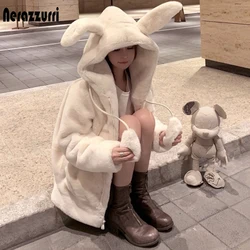 Nerazzurri Lente Pluizige Jas Met Konijn Oren Raglanmouwen Rits Oversized Licht Zachte Harajuku Kawaii Faux Fur Hoodie 2021