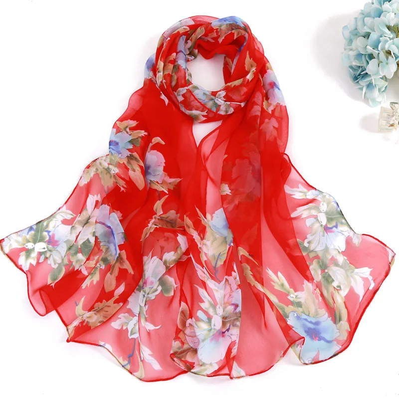 Fashion Four Seasons Thin Soft Chiffon Women Peach Flower Printing Silky Georgette Scarf Shawls Long Wraps Beach Sunscreen Hijab