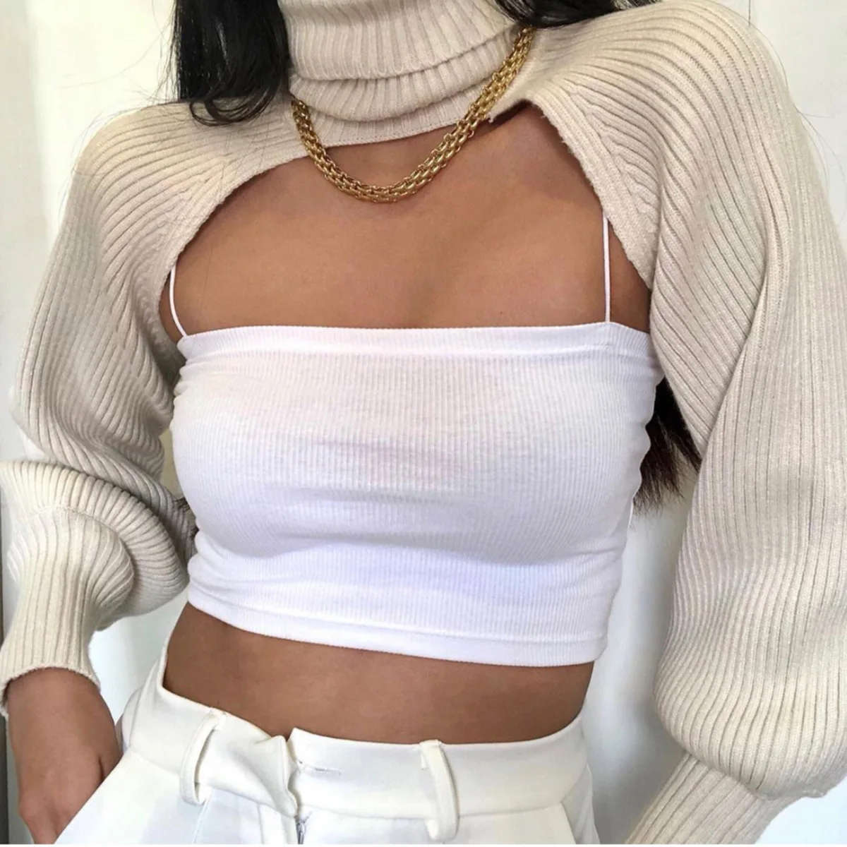 Women Sweater Tops Ladie Fashion Elegant Solid Color High Collar Long Puff Sleeve Knitwear Pullover for Women кофта женская
