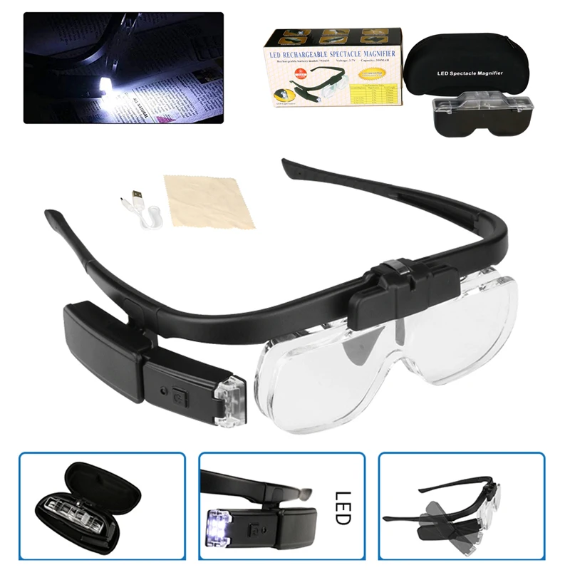 

Headband Magnifier Glasses LED Light Magnifying Eyeglass 1.5x 2x 2.5x Magnifiers Lenses Eyewear For Watch Repair Reading Sewing