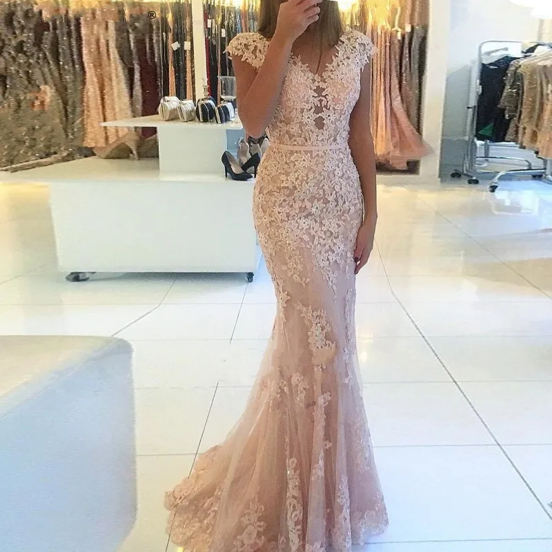 

ANGELSBRIDEP V-Neck Tulle Deep Champagne Mermaid Prom Dresses Sexy Cap Shoulder Appliques Soiree Robe Formal Evening Party Gown