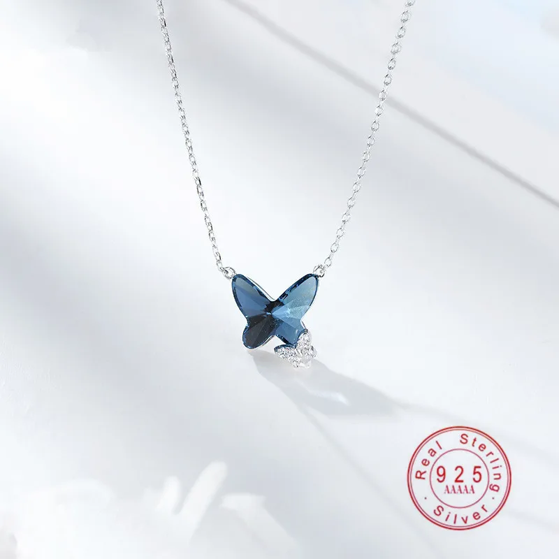 

OBEAR 925 Sterling Silver Blue Crystal Butterfly Necklace Women's Jewelry Love Memory Wedding Valentine's Day Gift for Women