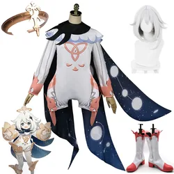 Genshin Impact Paimon Cosplay Lolita Jumpsuits Outfit Adult Women One-Piece Costume Uniform Party Halloween Full Set Wig Shoes
