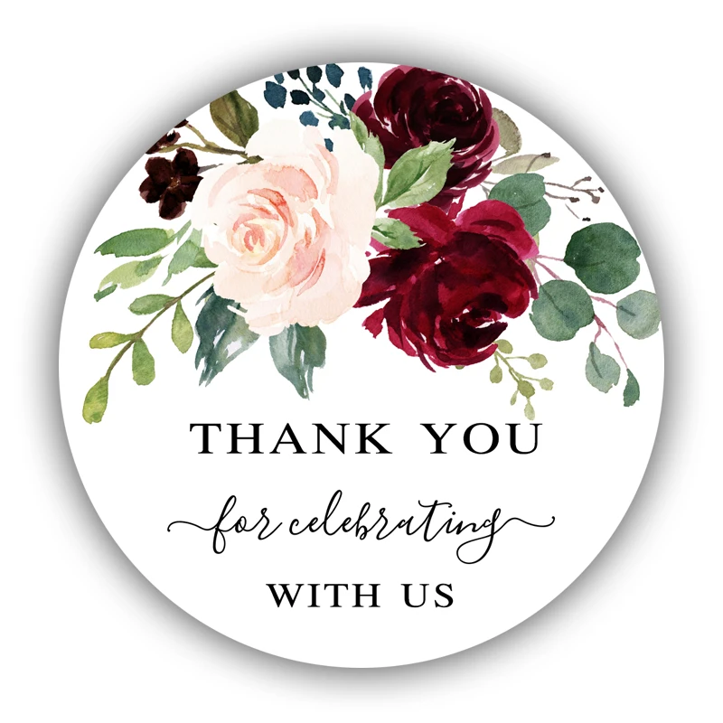 Burgundy Floral Thank You Favor Stickers, Round Blush, 1.5 