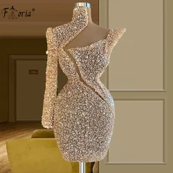 High Neck One Shoulder Long Sleeve Cocktail Dresses 2021 Luxury Beaded Sequined African Women Champagne Homecoming Dress Short