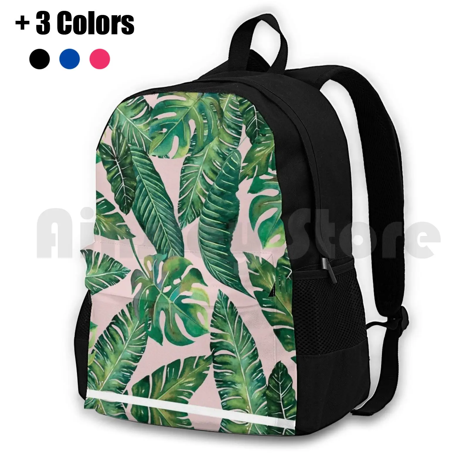 Jungle Leaves , Banana , Monstera Pink Outdoor Hiking Backpack Waterproof Camping Travel Ink Pattern Watercolor Banana Monstera