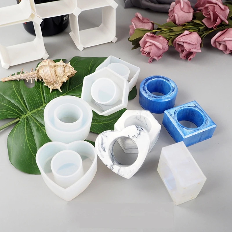 4 Shapes Minimalist Napkin Holders Ring Resin Molds Kit Round Sqaure Heart Hexagon Napkin Buckles Resin Casting Mold Kit