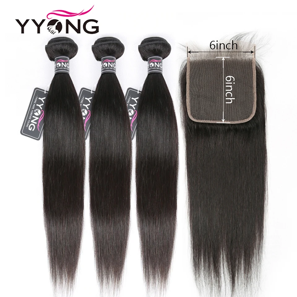 Yyong Hair Peruvian Straight 6x6 Closure With Bundles Remy Straight Human Hair 3/4 Bundles With Lace Closure