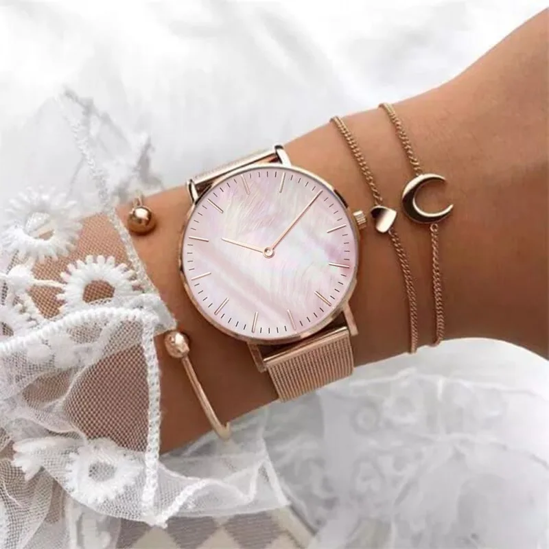 2023 Luxury Brand Rose Gold Watch Shell Dial Women\'s Watch Ladies Bracelet Quartz Wrist Watch for Women Mesh Clock Reloj Mujer