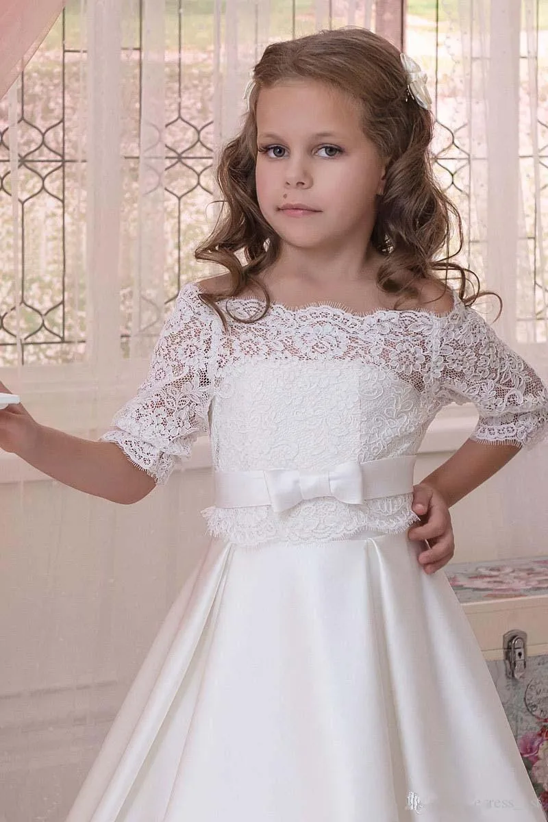 Vestido Formal De flores para niña, vestido De boda De media manga De encaje De satén marfil para niños, vestido De princesa De primera comunión