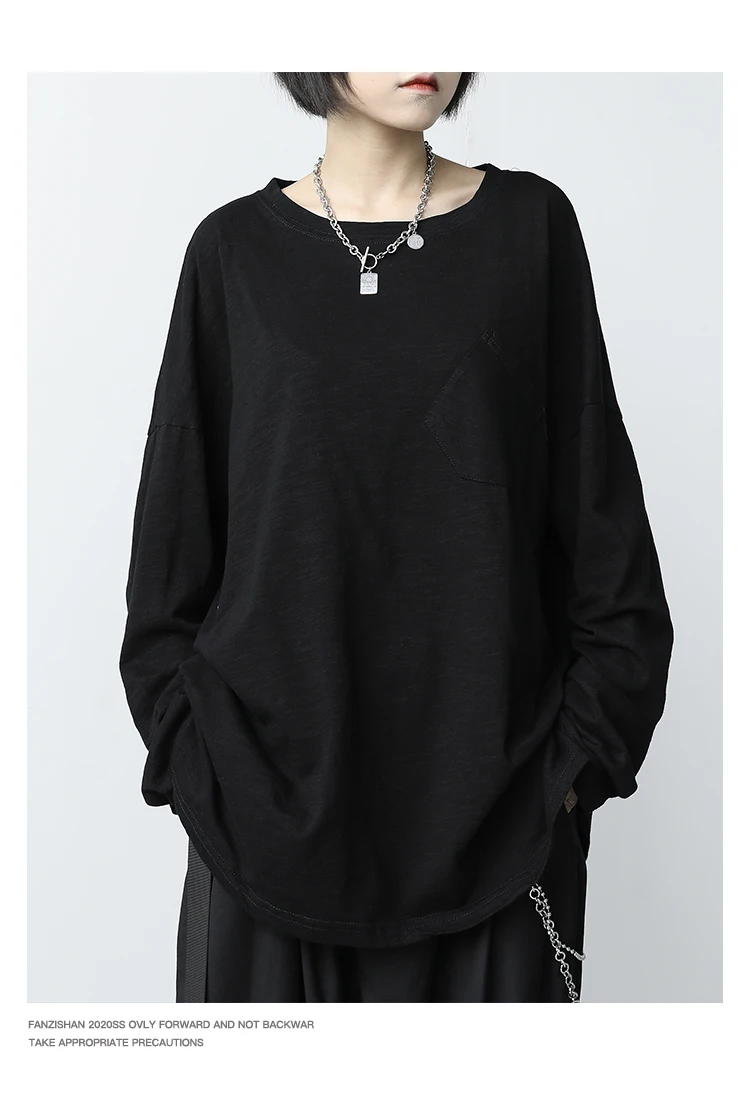 Autumn/winter ladies round neck solid color loose casual clothing line slit design top inclined pocket long sleeve T-shirt