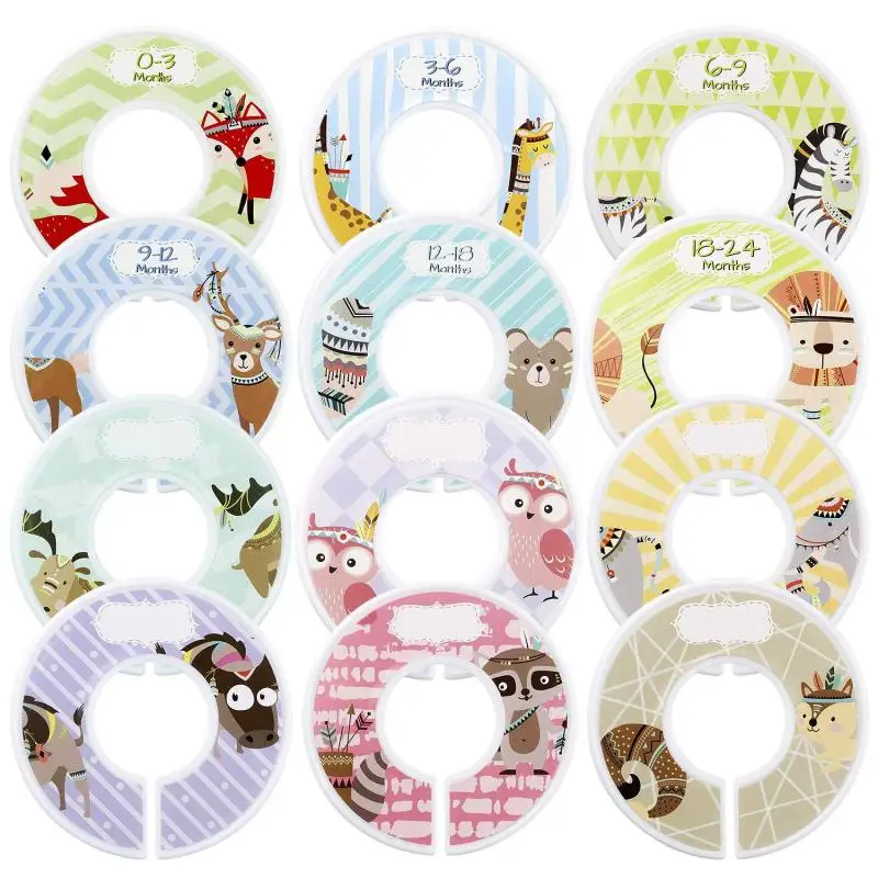 6/8/12PCS Lovely Animal Printed Plastic Dividers Garment Round Rack Ring Fits Clothing Labels Size DIY Marking Ring