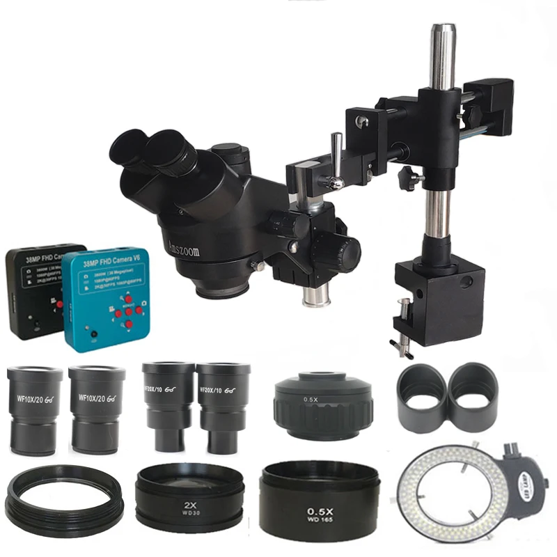 3.5X-180X Simul Focal Trinocular Double Arm Clamp Microscope 38MP 2K USB Video Camera 0.5X 2.0X Auxiliary Objective Lens Kits