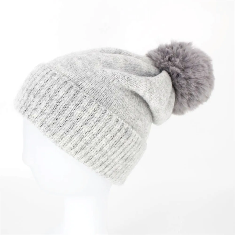 Faux Fur Pompom Beanie for Women 2020 New Knit Pink Winter Hat Girls White Cashmere Slouchy Beanie