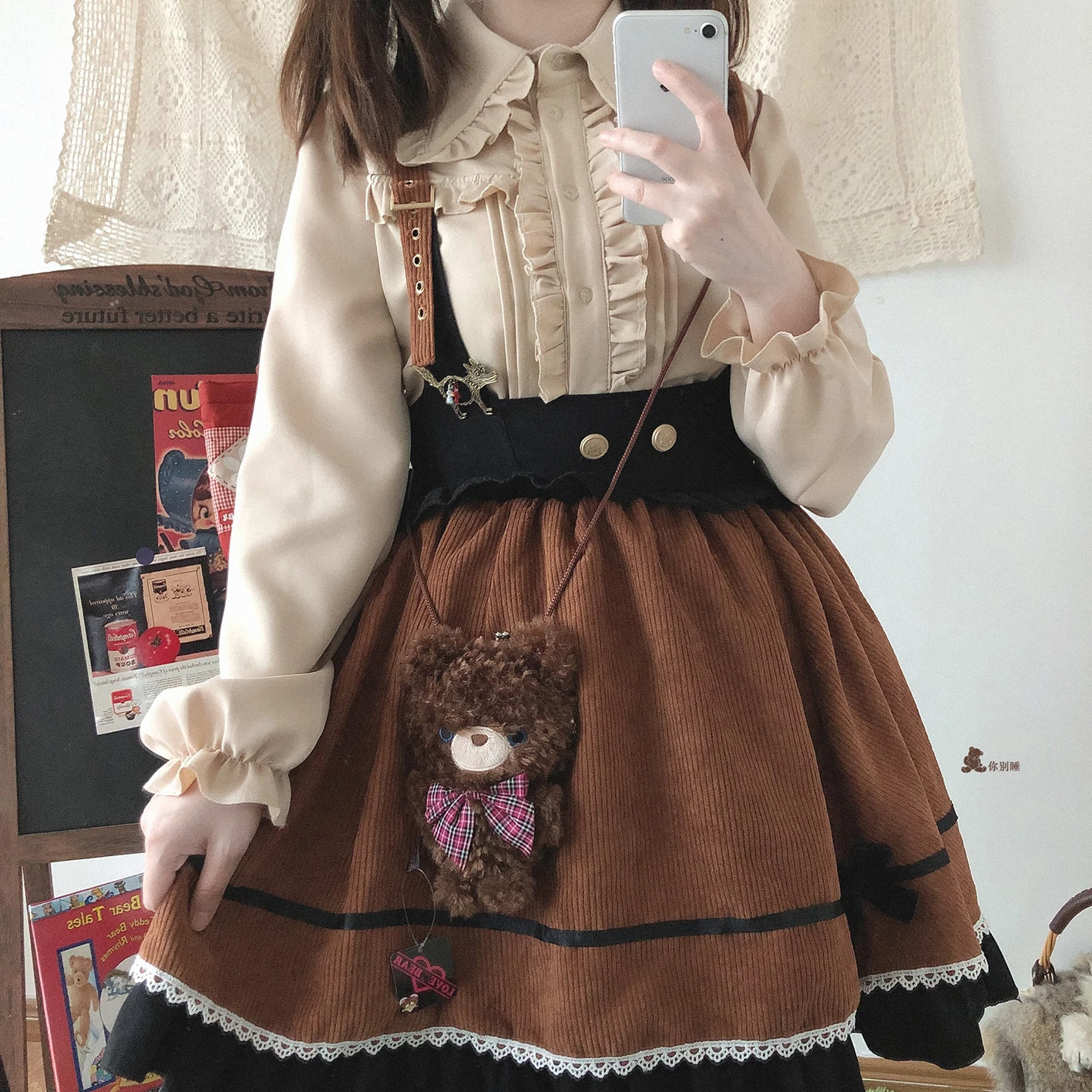 빈티지 복고풍 스타일 바느질 레이스 Bowknot 드레스 더블 브레스트 하이 웨스트 로리타 스트랩 드레스 Kawaii Girl Cosplay Loli