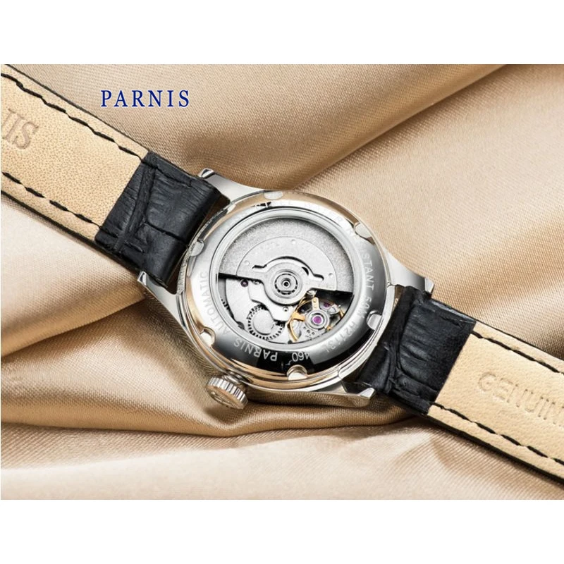 Parnis 26mm White Dial Mechanical Watch Women Sapphire Glass Leather Strap Ladies Calendar Wristwatch for Women Automatic Clock