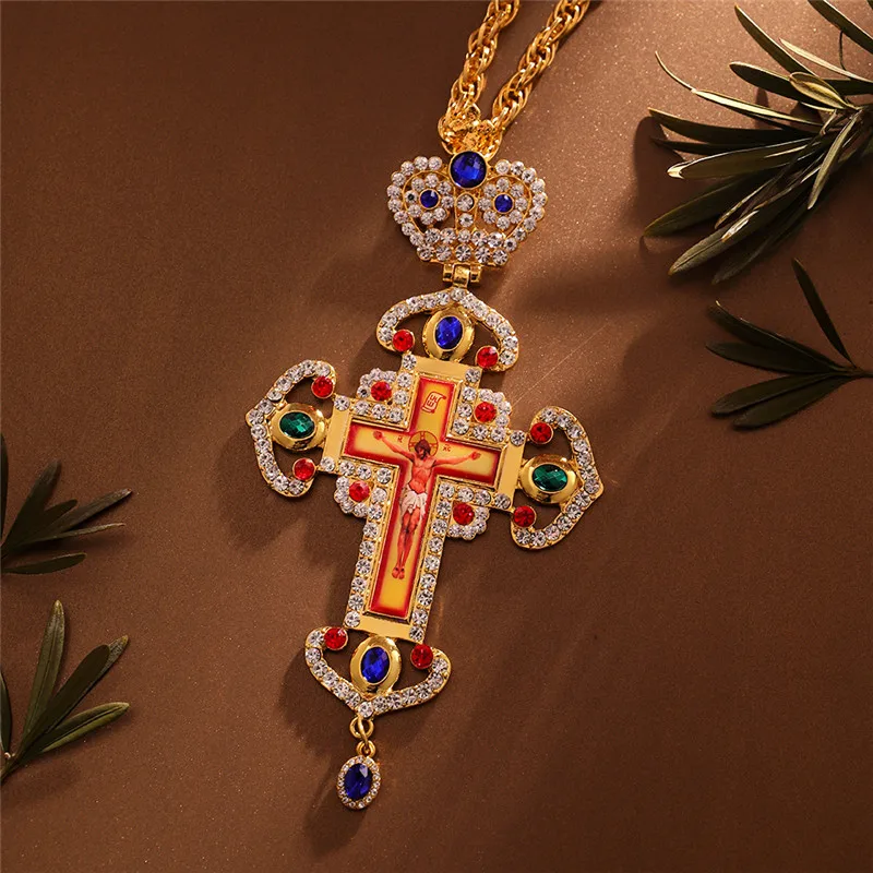 Orthodox Crucifix Jesus Cross Pendants & Necklaces Gold Color Crown Necklace Men Religious Belief Jewelry Pastor Ketting Kolye