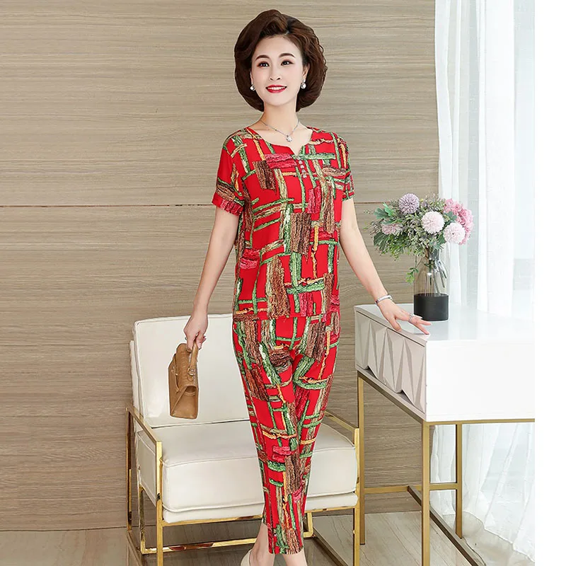 Middle-Aged Mother Suit Cotton Silk Printed T-Shirt 2 Piece Set Pants Set 2021 New Summer Fashion Women\'s Suit Mother Dress W817