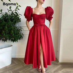 Booma-vestidos de fiesta cortos rojos elegantes, mangas abullonadas, abertura frontal, vestidos de graduación abotonados, vestidos de fiesta de boda hasta el té personalizados