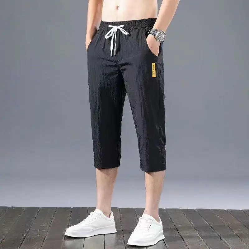 Ice silk Shorts Summer Breeches Thin Viscose 3/4 Length Trousers Male Bermuda Board Quick Drying Beach Black Men's Long Shorts