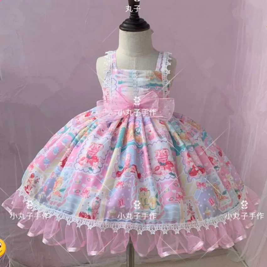 Baby girl summer vintage Spanish Turkey printed lolita dress kids sleeveless strap mesh stitching birthday party ball gown dress