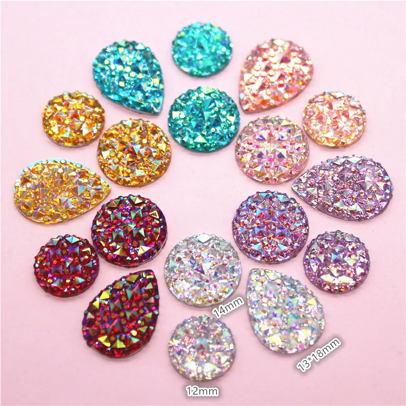 12mm/14mm/13*18mm Round/Teardrop Bling AB Colorful Resin Rhinestone Flatback Cabochon Stone DIY Wedding Decoration Crafts