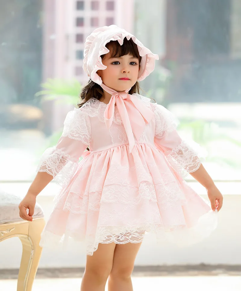 Spanish Baby Dress with Hat Girl Lolita Princess Vestidos Children Birthday Eid Party Ball Gown Kids Lace Spain Boutique Dresses