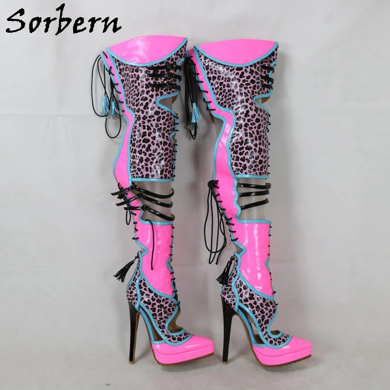 Sorbern Customized Cro Thigh Boots Women Pointed Toe Platform  High Heel Stilettos Leopard Shiny Hot Pink Fetish Shoes Lace Up