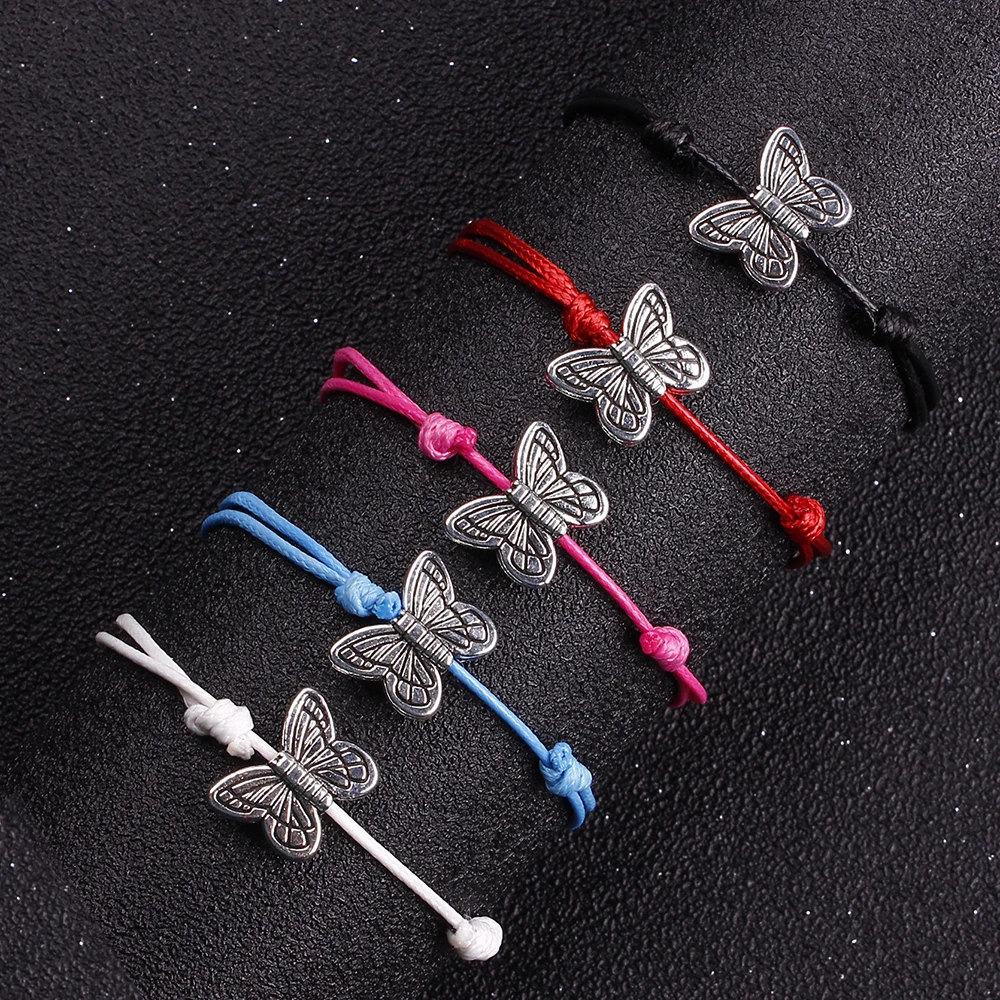 Delicate Sliver Butterfly Seahorse Turtle Hamasa Hand Bracelet  Adjustable Color String Rope Bracelets Family Couple Gift