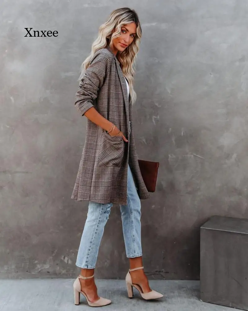 

Spring and Autumn Women's Shirt Jacket Lapel Loose Cardigan Slim Stitching Plaid Jacket