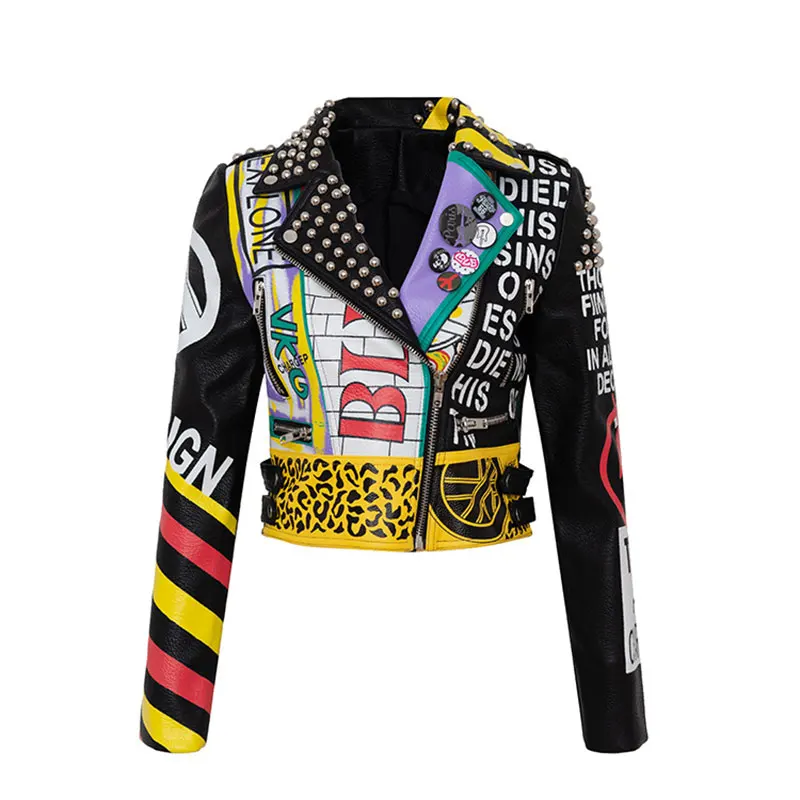 Spring Punk Rock PU Leather Jacket Women Graffiti Studded Rivet Fashion Streetwear Short Motorcycle Jackets and Coat