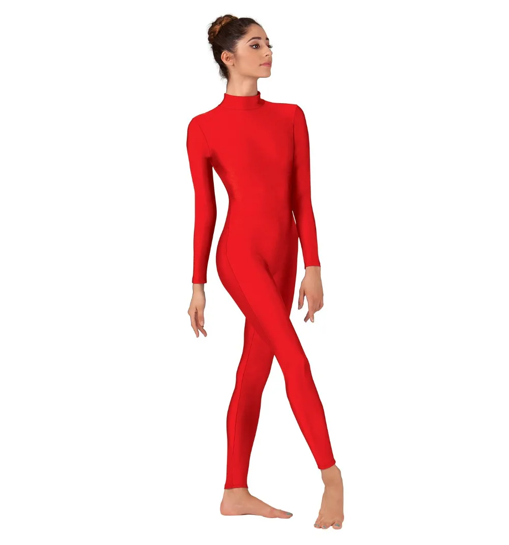 Nữ Đỏ Unitard Dài Tay Giả Cổ Ba Lê Bodysuit Thun One Piece Cao Cổ Vũ Mặc Áo Zentai Trang Phục