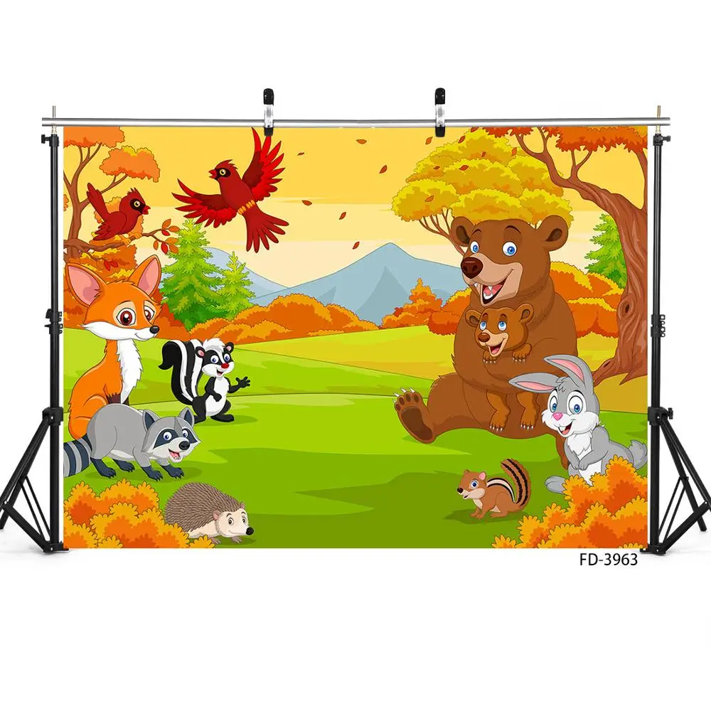 Cartoon Forest Animals Photographic Backgrounds Vinyl Cloth Backdrop for Children Baby Shower Birthday Photophone Photo Studio