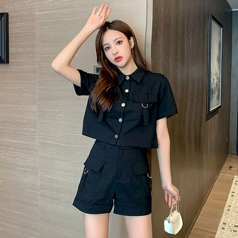 Women's Suits Fashion Tooling Suit Korean Loose Short-sleeved Shirts Short Pants Two Piece Sets Kawaii Clothes 2024 Summer New