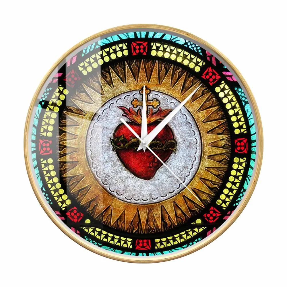 Sacred Heart Silent Non Ticking Wall Clock For Catholic Church Prayer Cross Crown Of Thorns Roses Jesus Christ Home Decor Clock