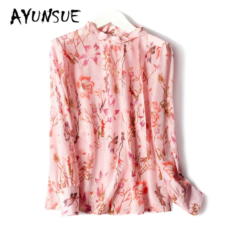 

Real Silk Shirts Women 100% Real Silk Women Blouse Spring Autumn Korean Kwaii Pink Floral Print Women Blouses SY2837 YY2830