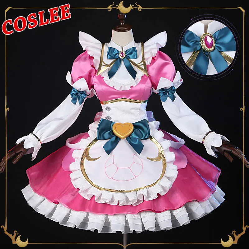 

COSLEE Game LOL Soraka Coffee Sweetheart Lolita Pink Maid Dress Uniform Cosplay Costume Halloween Party Role Play Outfit For