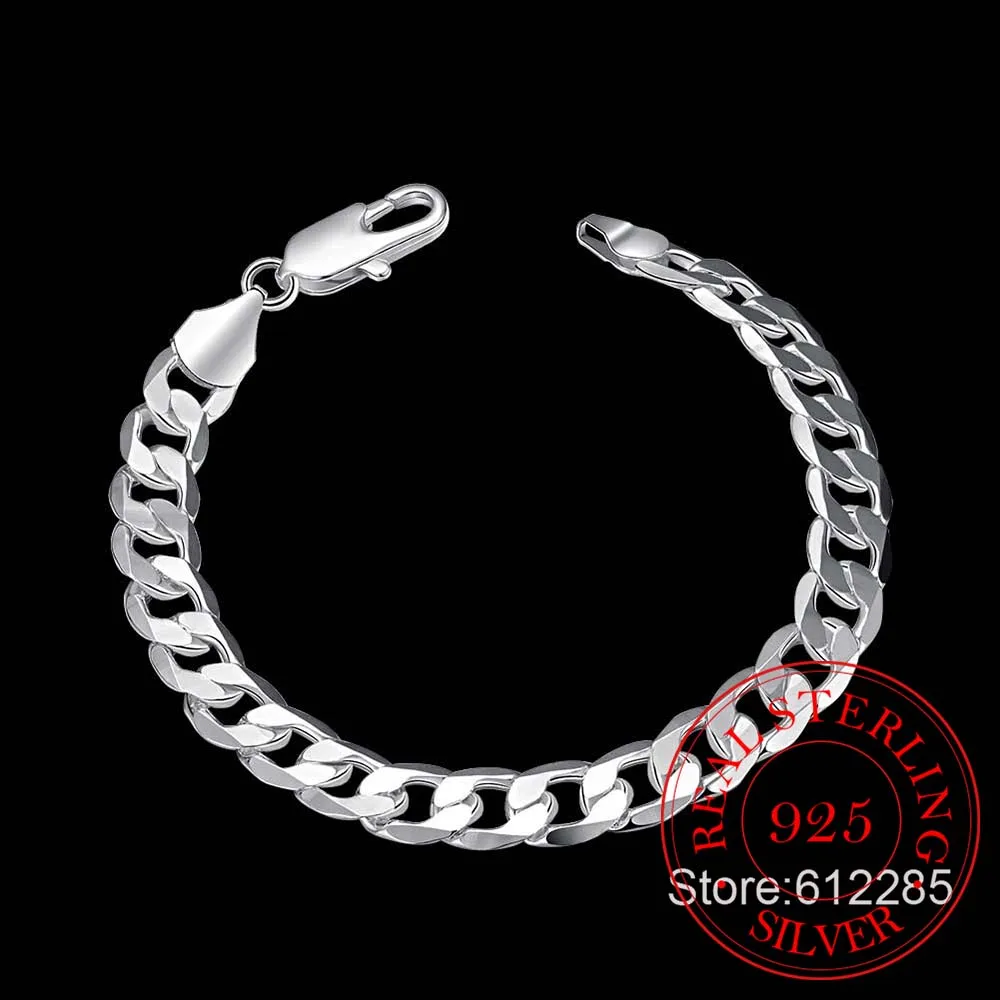 925 Sterling Silver Bracelet Fine Jewelry 8MM 20cm Sideways Flat Male Chain Bracelet Armband/pulsera for Men 8 Inch